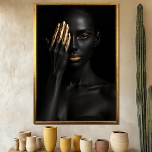Black Woman Canvas Painting With Gold Makeup, Modern African Wall Art For Living Room, Luxury Minimal Portrait, Unique Gift