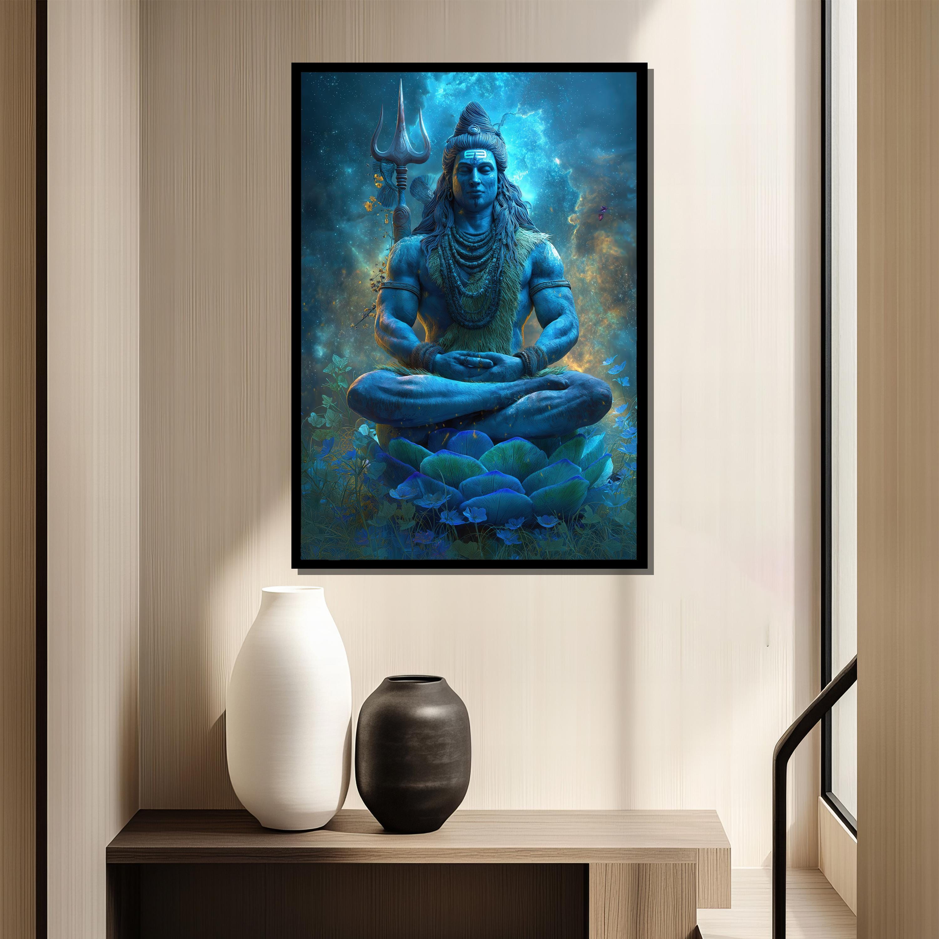 シヴァ神の瞑想キャンバス絵画、ヒンドゥー教の神の壁装飾、青い