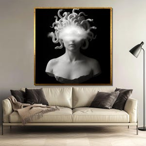 Medusa Canvas Painting with Surreal Cloud Eyes, Black and White Mythology Wall Art, Bold Fantasy Decor for Modern Interiors, Gift Idea