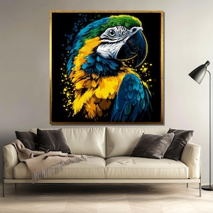 Blue and Yellow Macaw Canvas Painting, Vibrant Parrot Wall Art, Exotic Bird Home Decor, Large Wildlife Artwork, Tropical Animal Gift Idea