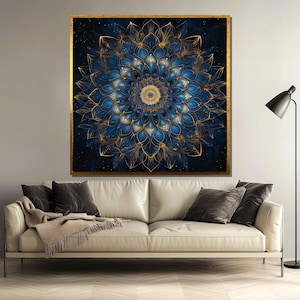 Blue and Gold Mandala Canvas Painting, Elegant Geometric Wall Art for Living Room, Spiritual Boho Decor Gift for Meditation Lovers