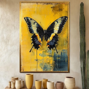 Butterfly Canvas Painting with Yellow Background, Colorful Insect Wall Art, Modern Nature Decor for Living Room, Perfect Gift