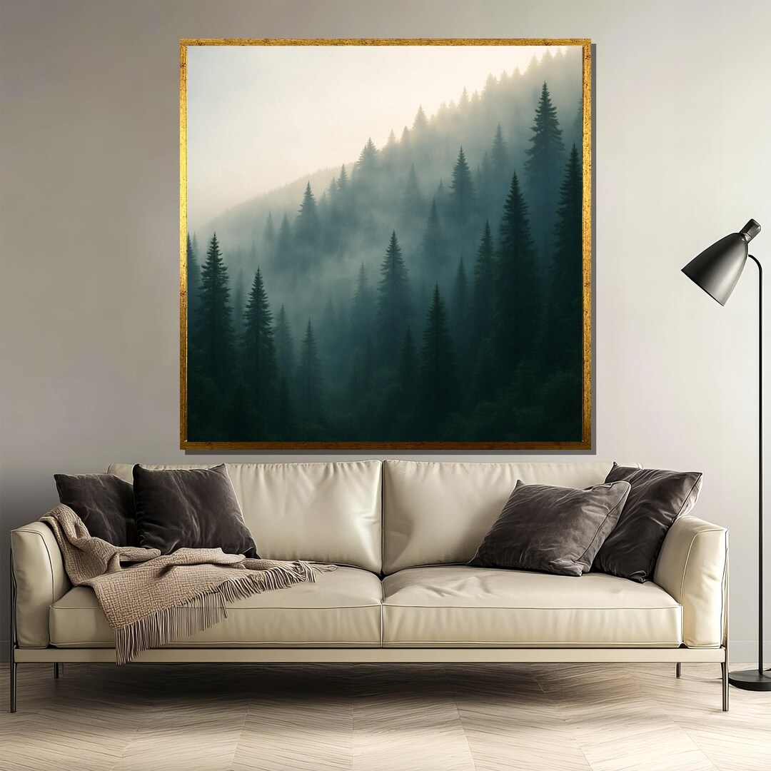 Foggy Forest Canvas Painting, Misty Pine Tree Wall Art for Nature ...