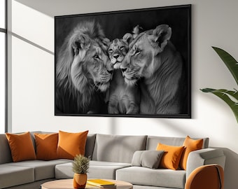 Intimate Lion Family Canvas Painting - Heartfelt Gift for Animal and Family Lovers | Monochrome Wildlife Art