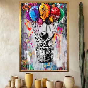 Bunter Ballonjunge Leinwandmalerei, Urban Street Wandkunst, Kinderposter im Graffiti-Stil, modernes Kunstwerk, mutige Kunst-Geschenkidee