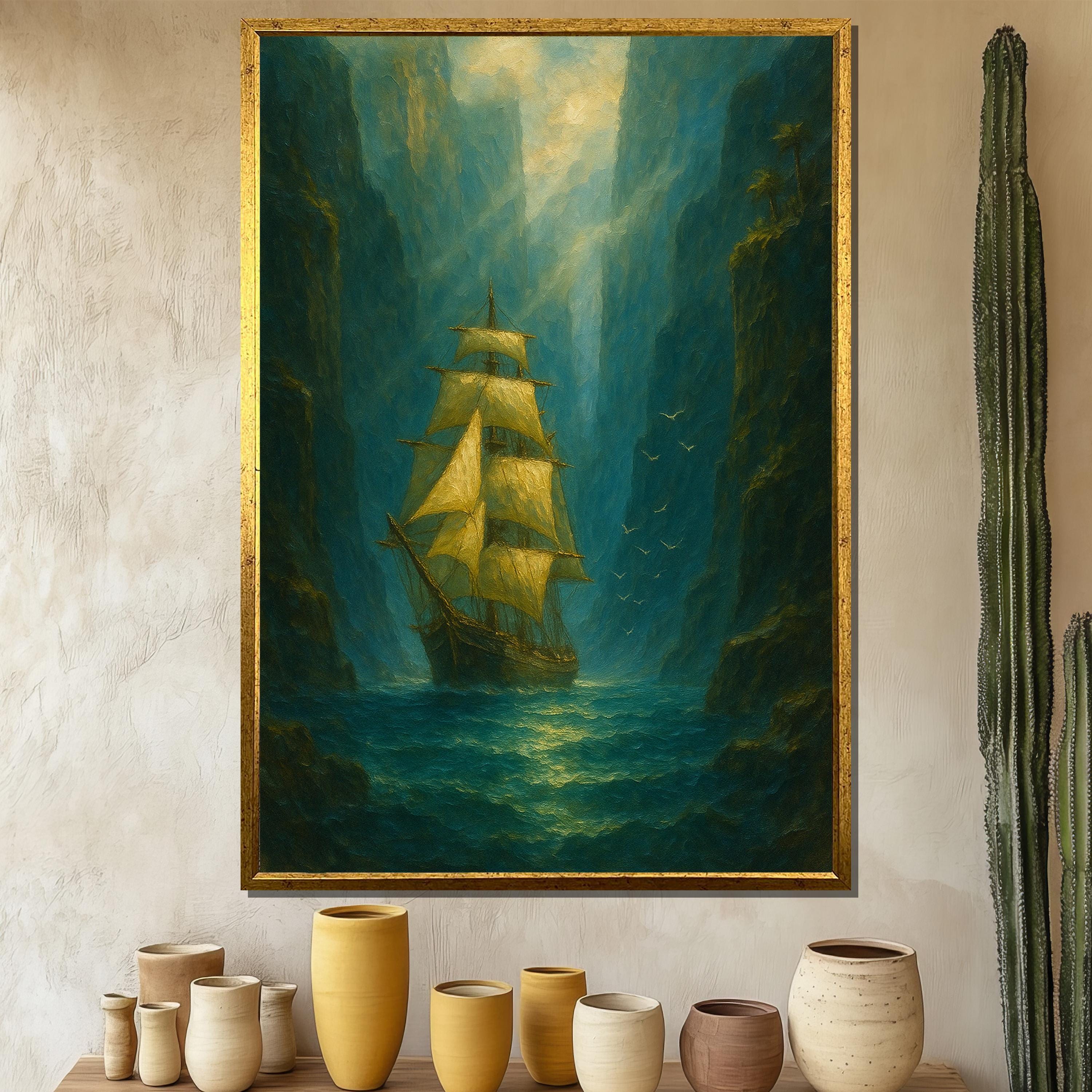 帆船　絵画 壁掛け　アンティーク 神秘的な帆船のキャンバス絵画、海の崖の風景を描いた航海用ウォール