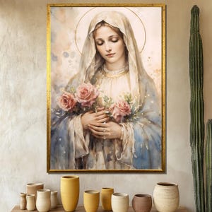Virgin Mary Canvas Painting, Beautiful Religious Wall Art with Roses, Elegant Christian Portrait for Chapel or Home, Spiritual Gift