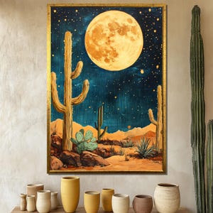 Desert Moon Canvas Painting, Full Moon Over Cactus Landscape Wall Art, Southwestern Night Sky Home Decor, Landscape Print, Unique Gift