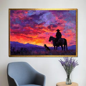 Cowboy and Dog Canvas Painting, Sunset Western Wall Art, Horse Rider Silhouette Decor, Colorful Sky Landscape, Rustic Country Gift
