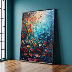 Lienzo con peces de colores, arte abstracto de pared oceánico, lámina de vida marina submarina, vibrante escena marina, regalo de arte costero