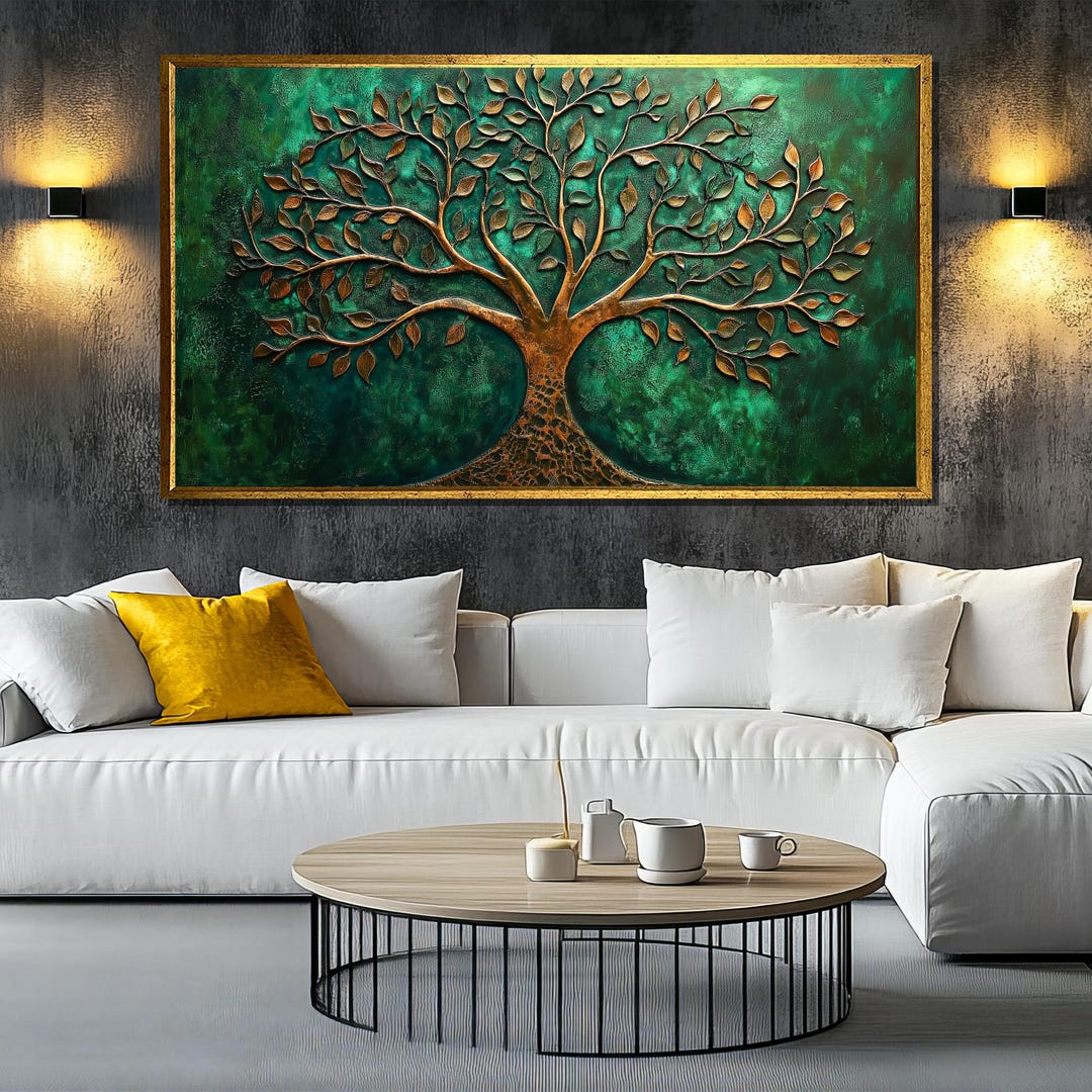 Tree of Life Canvas Painting, Green and Bronze Wall Art, Symbolic