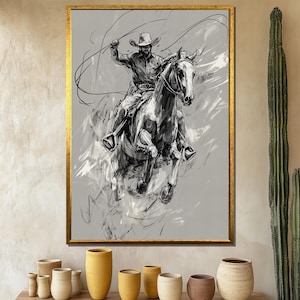 Western Cowboy Riding Horse Canvas Painting, Rustic Wall Art for Home, Cowboy Poster, Black and White Cowboy Decor, Unique Gift for Him