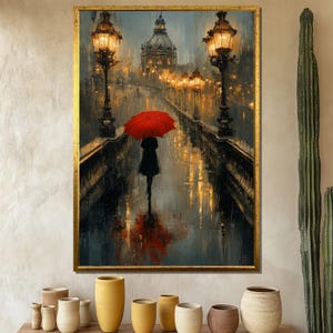 Romantic City Canvas Painting, Red Umbrella Wall Art with Rainy Street and Lights, Moody Night Scene Artwork, Elegant Art Gift