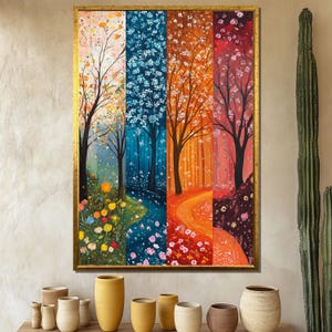Colorful Tree Canvas Painting, Four Seasons Nature Wall Art, Vibrant Seasonal Landscape, Floral Forest Scene, Unique Gift Idea