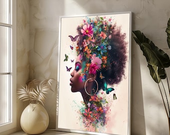 Floral Afro Canvas Art - Ethereal Ethnic Woman with Blossoming Hair and Butterflies, Perfect Afrocentric Gift, Vibrant Wall Decor