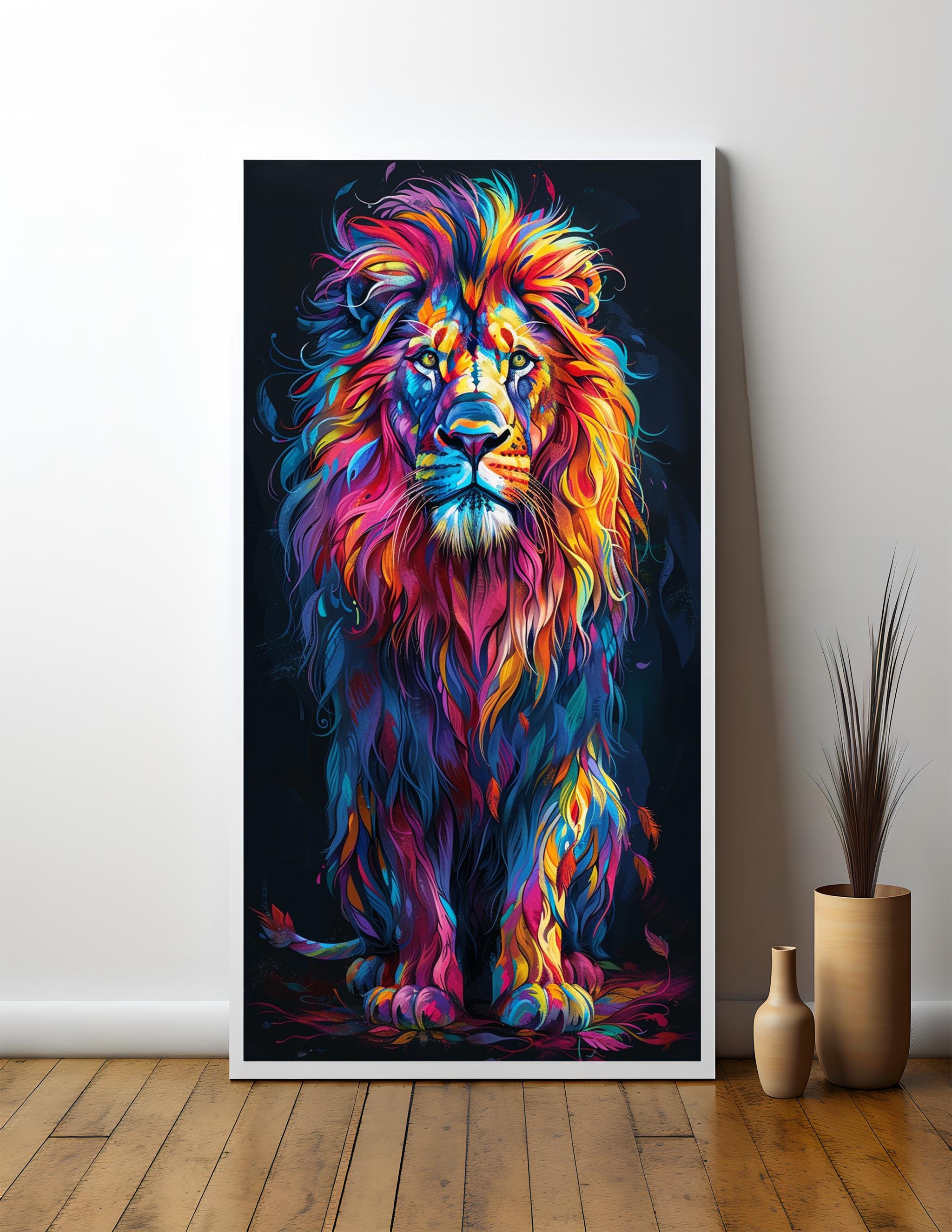鮮やかなレインボーライオンのキャンバス画：ドラマチックなポップ