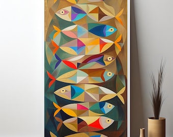 Cuadro sobre lienzo con diseño geométrico abstracto de peces: una obra de arte moderna y vibrante, un regalo perfecto para los amantes del arte contemporáneo