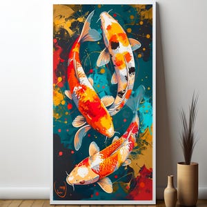 Kolorowy obraz na płótnie z rybą Koi w stylu Pop Art – żywy i nowoczesny prezent dla miłośników sztuki i natury