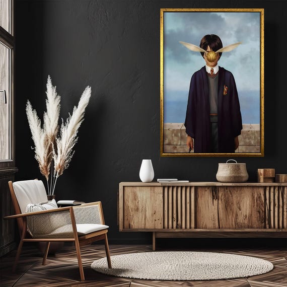 René Magritte Inspired Surreal Young Wizard With Golden Snitch