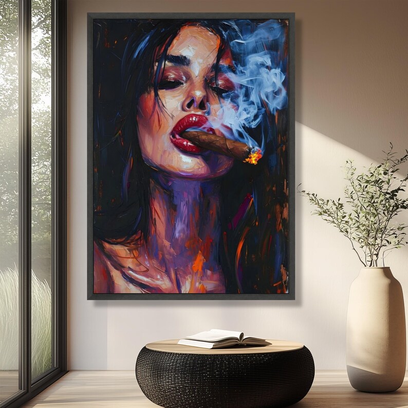 bold-woman-smoking-cigar-canvas-painting-sensual-female-portrait-wall