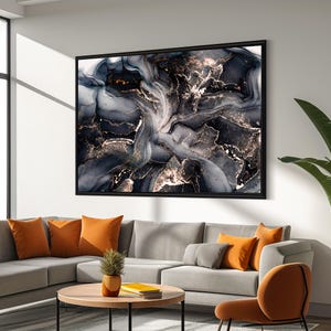 Abstract Fluid Marble | Elegant Midnight Black and Gold Canvas Art | Unique Modern Home Decor Accent Piece