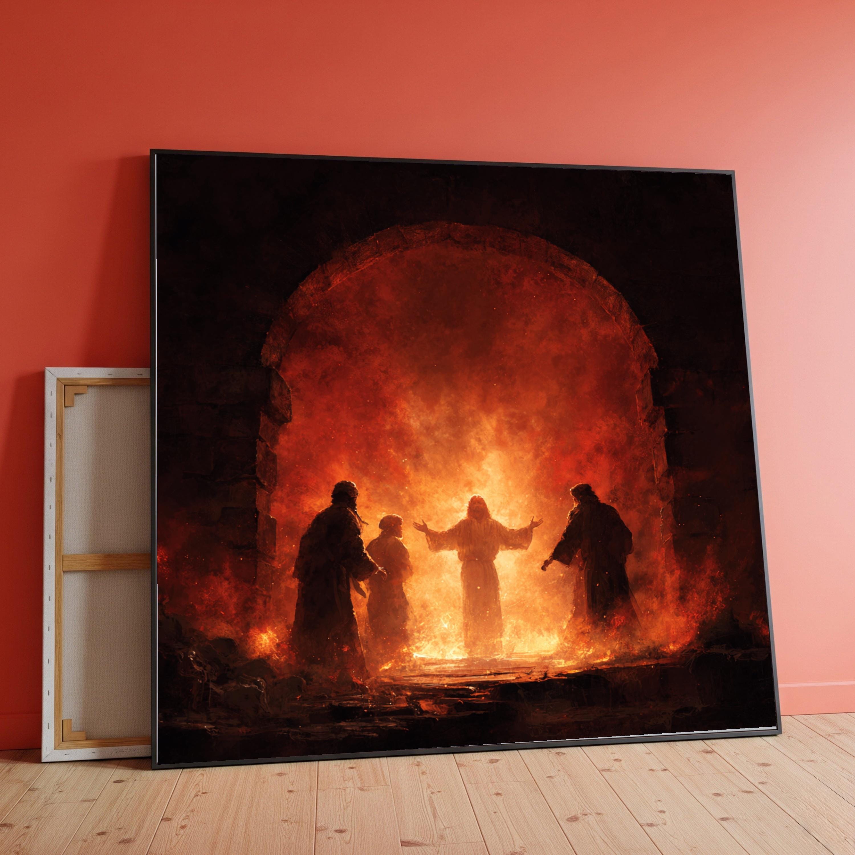 炎の門の中のイエスのキャンバス絵画、ドラマチックなキリスト教の壁画