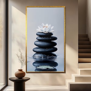 禅のバランスストーンと蓮のキャンバス画、ミニマリスト瞑想ウォールアート、静かな自然の装飾、現代のスピリチュアルアートワーク、ギフトのアイデア