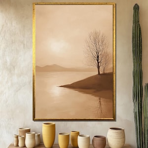 Minimal Landscape Canvas Painting With Tree And Lake, Beige Nature Wall Art For Calm Living Room Decor, Serene Art Gift Idea