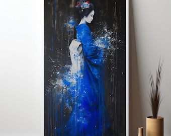 Serene Blue Geisha in Kimono Canvas Art – Japanese-Inspired Elegant Wall Decor for Home or Office