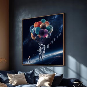 Surreal Astronaut Adventure Canvas Painting, Outer Space Balloons Wall Art, Cosmic Fantasy Wall Decor, Ready to Hang Space Artwork, Art Gift