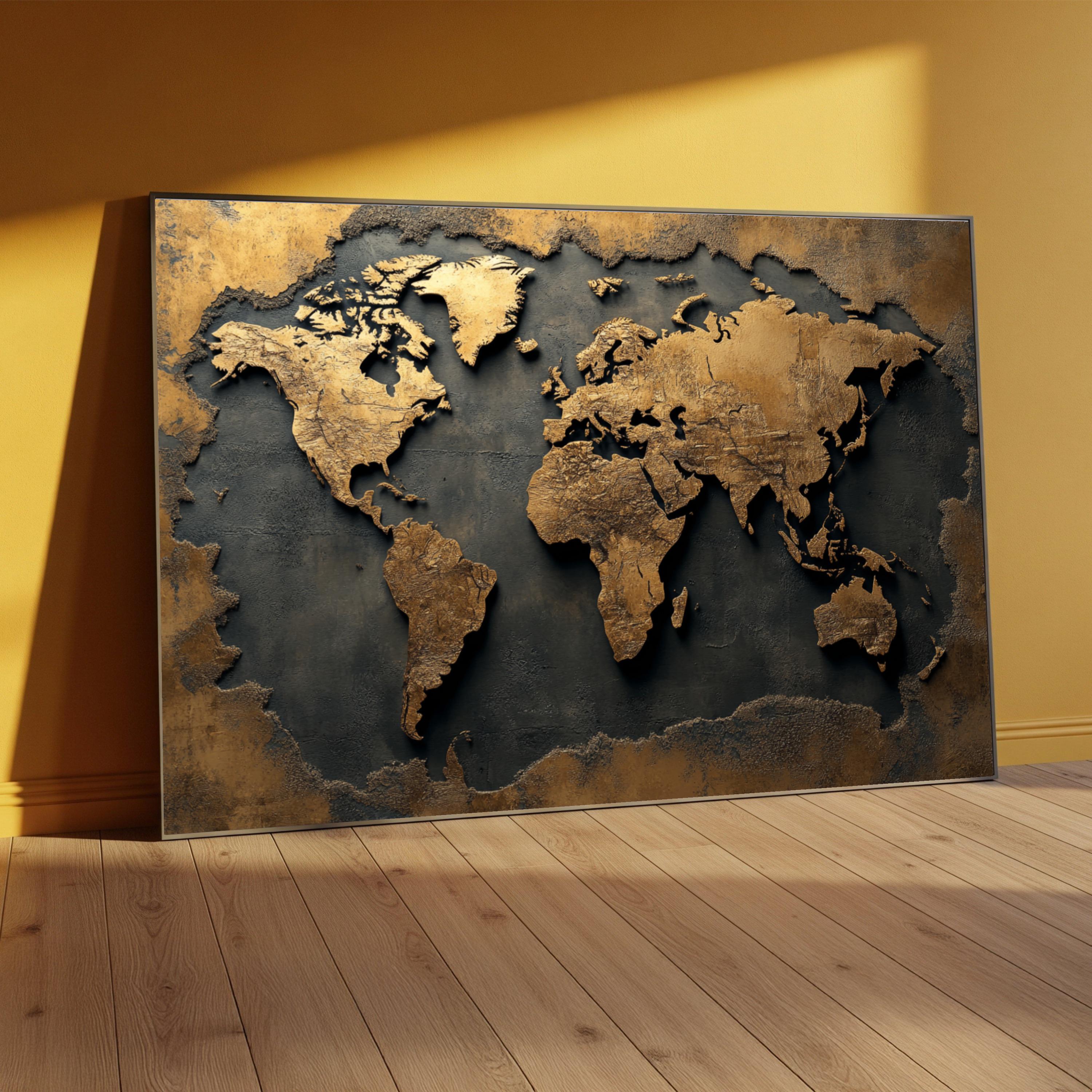 World Map Canvas Painting, Gold and Black Wall Art Print, Modern Travel ...