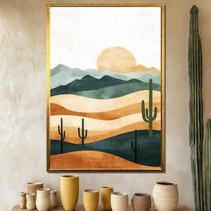 Minimal Desert Canvas Painting, Abstract Cactus Landscape Wall Art in Earth Tones, Modern Boho Decor, Living Room Decor, Perfect Gift