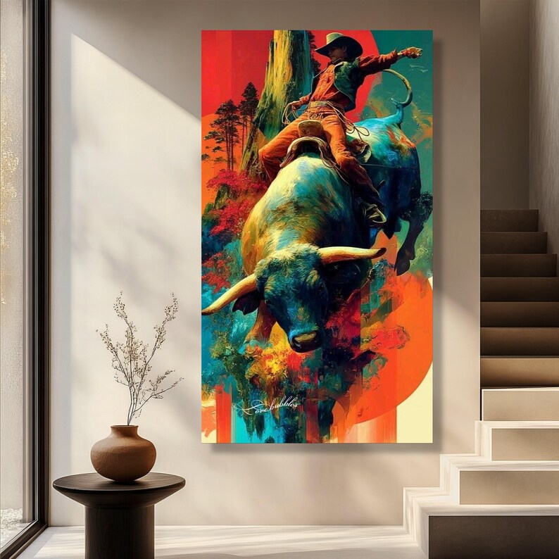 Vibrant Cowboy Riding Bull Canvas, Western Rodeo Art, Colorful Abstract ...
