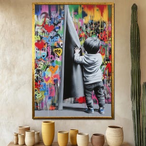 Colorful Street Art Canvas Painting with Curious Boy, Urban Wall Decor, Modern Graffiti Style, Banksy Canvas, Unique Art Gift