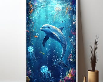 Stunning Underwater Dolphin Canvas Painting Gift - Perfect Marine Animal Wall Art Decor for Ocean Lovers&#39; Home