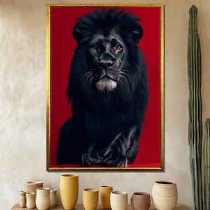 Black Lion Canvas Painting, Bold and Majestic Animal Wall Art with Red Background, Powerful Wildlife Decor Gift for Home or Office