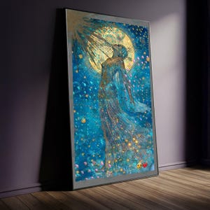 Moonlight Woman Canvas Painting, Ethereal Celestial Wall Art in Blue and Gold Tones, Mystical Feminine Spirit Scene, Dreamy Art Gift