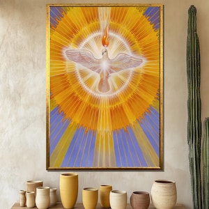 Holy Spirit Dove Canvas Painting, Radiant Christian Wall Art with Flame, Religious Home Decor and Faith Gift for Spiritual Believers