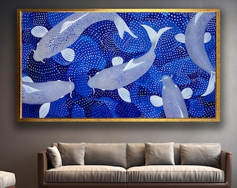 Pintura sobre lienzo de peces serenos en estilo Yayoi Kusama: una fascinante combinación de patrones y tonos azules: regalo artístico ideal