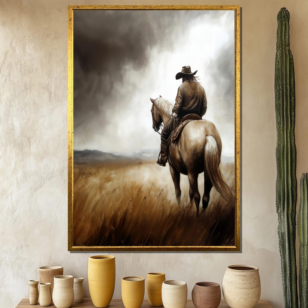 Rustic Cowboy on Horse Canvas Painting, Western Wall Art for Home Decor