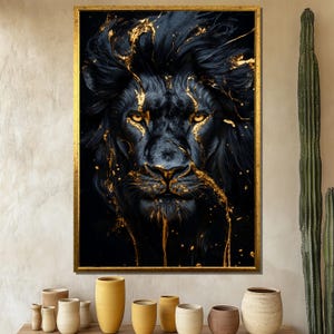 Peinture sur toile de lion noir et or, art mural animal audacieux pour le salon, cadeau puissant de décoration de jungle pour les hommes et les amoureux de la faune