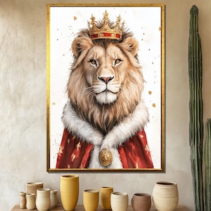 Peinture sur toile portrait du roi lion royal, animal majestueux dans l&#39;art de la couronne, décoration murale majestueuse de la faune, décoration d&#39;intérieur de luxe, cadeau unique pour lui