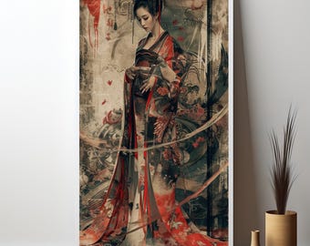 Vintage Geisha in Ornate Kimono Canvas Art – Traditional Japanese Wall Decor for Elegant Spaces