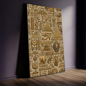 Oude Egyptische hiërogliefen canvaskunst, gouden piramide muur decor, oog van Horus symbool, farao scarabee ontwerp, historisch Egypte canvas print