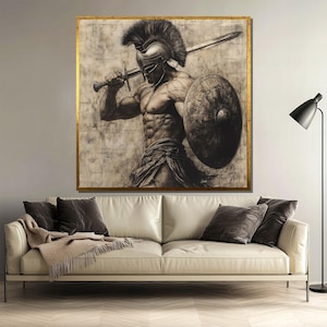 Spartan Warrior Canvas Painting, Ancient Gladiator Wall Art, Black and White Battle Decor, Historical Warrior Artwork, Perfect Gift