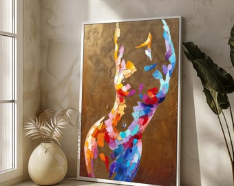 Abstract Colorful Female Silhouette Canvas Painting, Bold Artistic Gift for Modern Homes, Unique Wall Art with Vibrant Textured Details