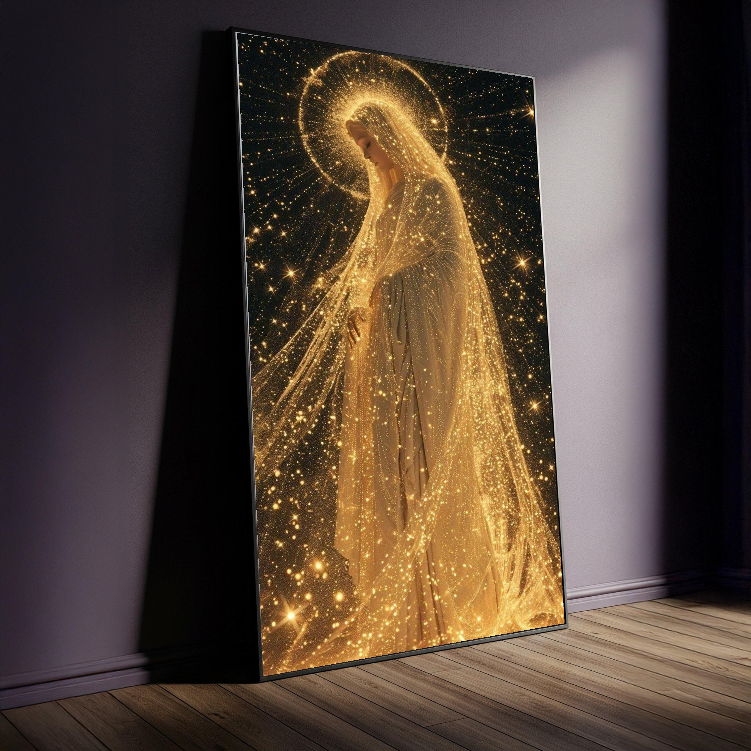 輝く聖母マリアのキャンバス画、黄金の光輪を描いた宗教的な壁アート