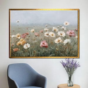 Wildflower Meadow Canvas Painting, Romantic Floral Wall Art, Soft Pastel Flowers Decor, Nature Inspired Art Print, Unique Gift