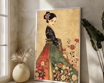 Elegant Hanbok-Inspired Canvas Art - Traditional Ethnic Woman in Floral Korean Dress, Perfect Gift for Cultural Decor Enthusiasts
