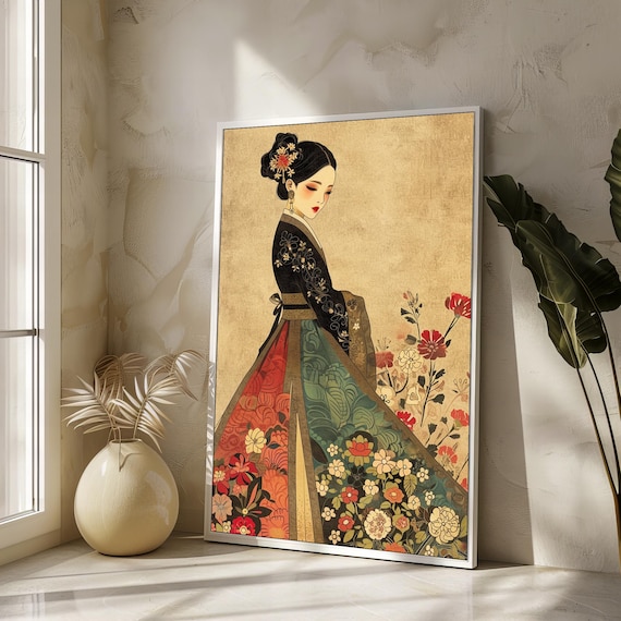 Elegant Hanbok-Inspired Canvas Art - Traditional Ethnic Woman in Floral Korean Dress, Perfect Gift for Cultural Decor Enthusiasts